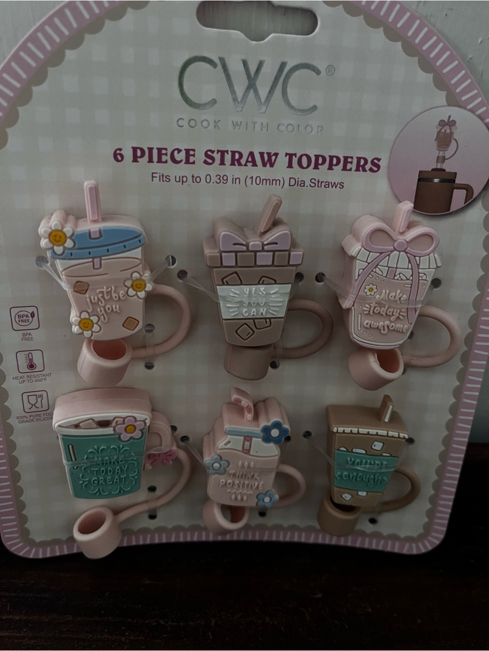 Pink 6-Piece Straw Toppers - Coffee